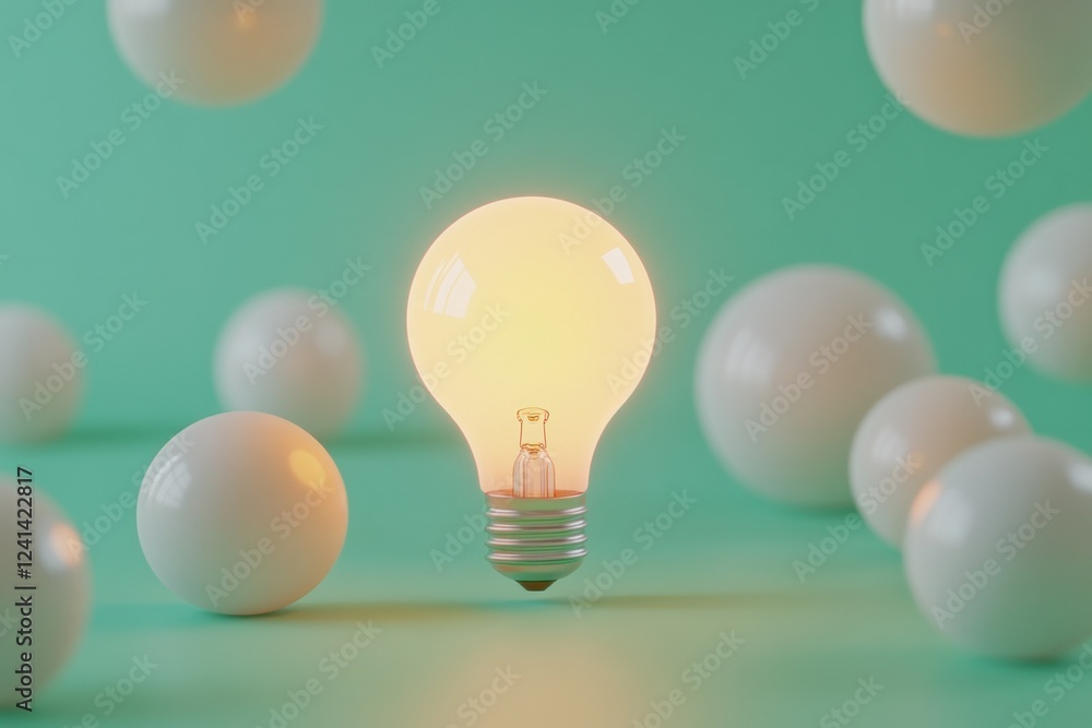 Poster light bulb surrounded by white balls on a soft green background in minimalist style
