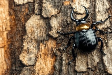 Stunning top view of rare Hercules beetle on rugged tree bark
