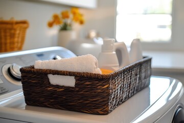 Fototapeta premium Laundry detergent in basket on washing machine surface