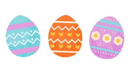 Easter Eggs collection, colourful decorated eggs with decoration patterns on white background. Flat illustration.
