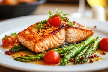 Grilled salmon with mashed potatoes and asparagus dish