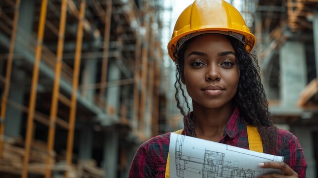 Female architect in a yellow hard hat holding blueprints at a construction site - Powered by Adobe