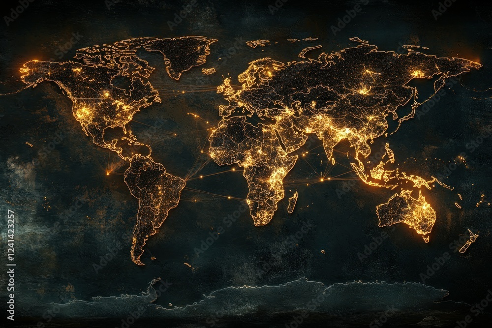 Poster global network map with illuminated cities and connections across continents