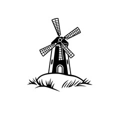 Classic Windmill in a Serene Landscape: A Black and White Graphic Design