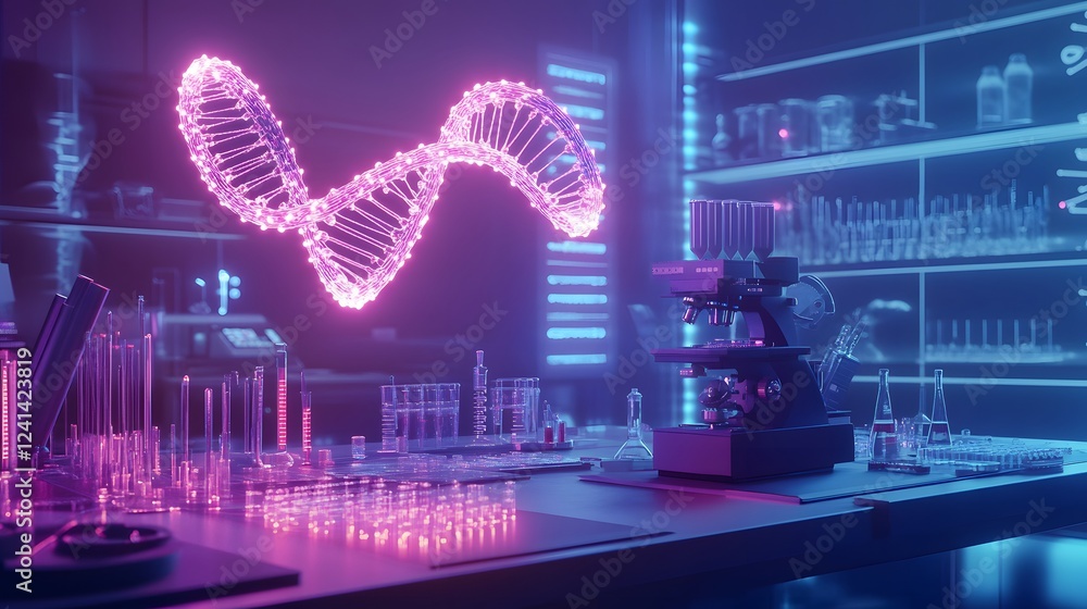 Poster High-Tech Laboratory Scene with Glowing DNA Helix and Microscope