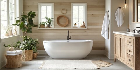 Modern spa bathroom with freestanding bathtub and plants