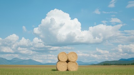 Scenic Landscape of Hay Bales Against a Blue Sky and Fluffy Clouds in a Rural Setting