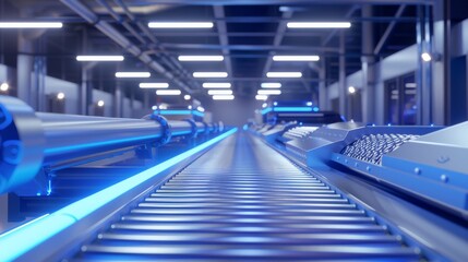 Fototapeta premium Inside a Factory: Industrial Conveyor Belt with Various Components and Machinery