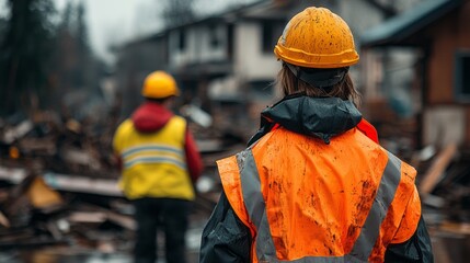 In a small town, two workers clad in bright safety gear survey the destruction left by a powerful storm. The atmosphere is heavy with the need for rebuilding and recovery efforts