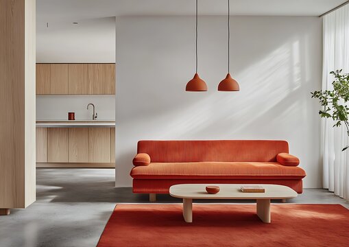 Modern Living Room with Burnt Orange Sofa and Wooden Accents
