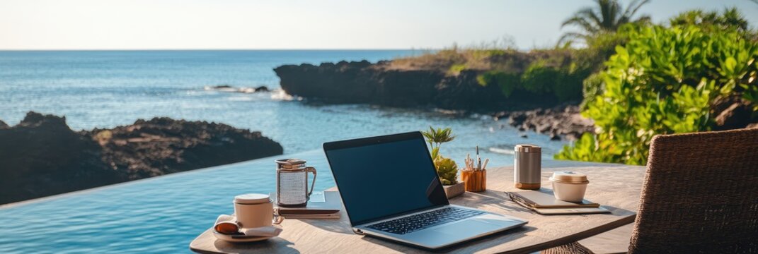 Laptop and coffee with ocean view outdoor workspace.