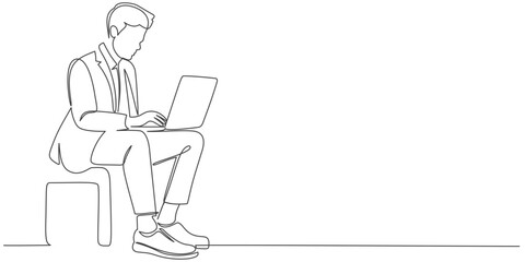 business man working on laptop line art style vector illustration