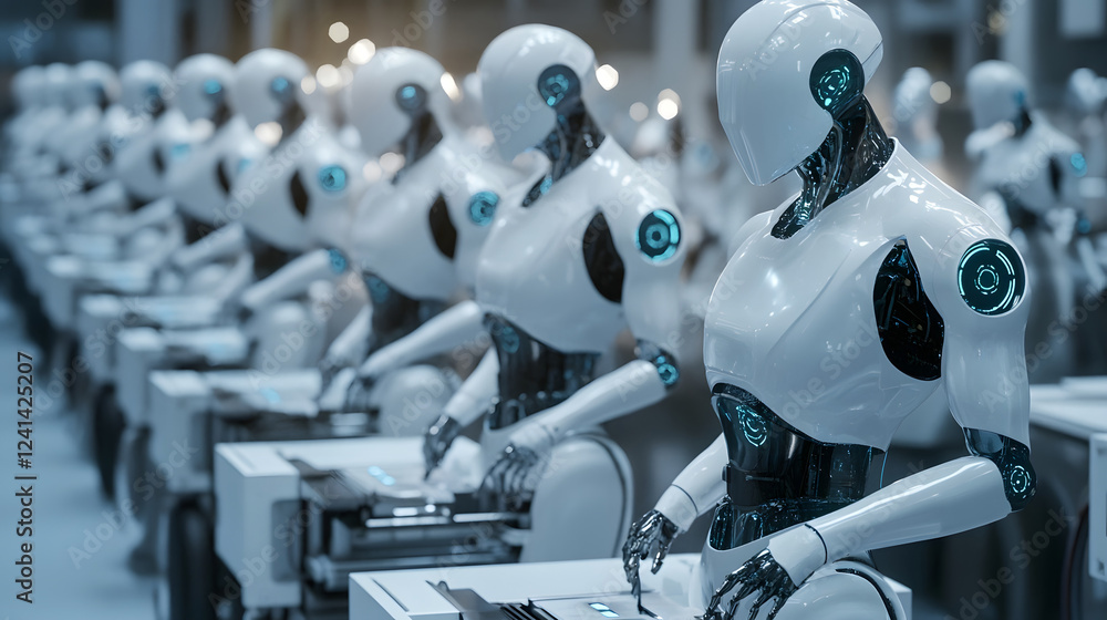 Aufkleber A row of sleek metallic humanoid robots standing in a controlled environment representing the cutting edge advancements in intelligence and futuristic technology