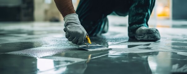 Worker applying finish to floor with a brush tool