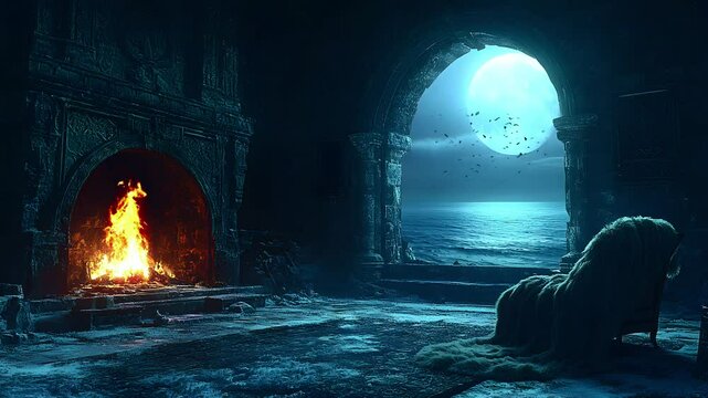 Gothic room with glowing fireplace and ocean view under moonlight creating a serene ambiance. Seamless looping time-lapse animation video background  

