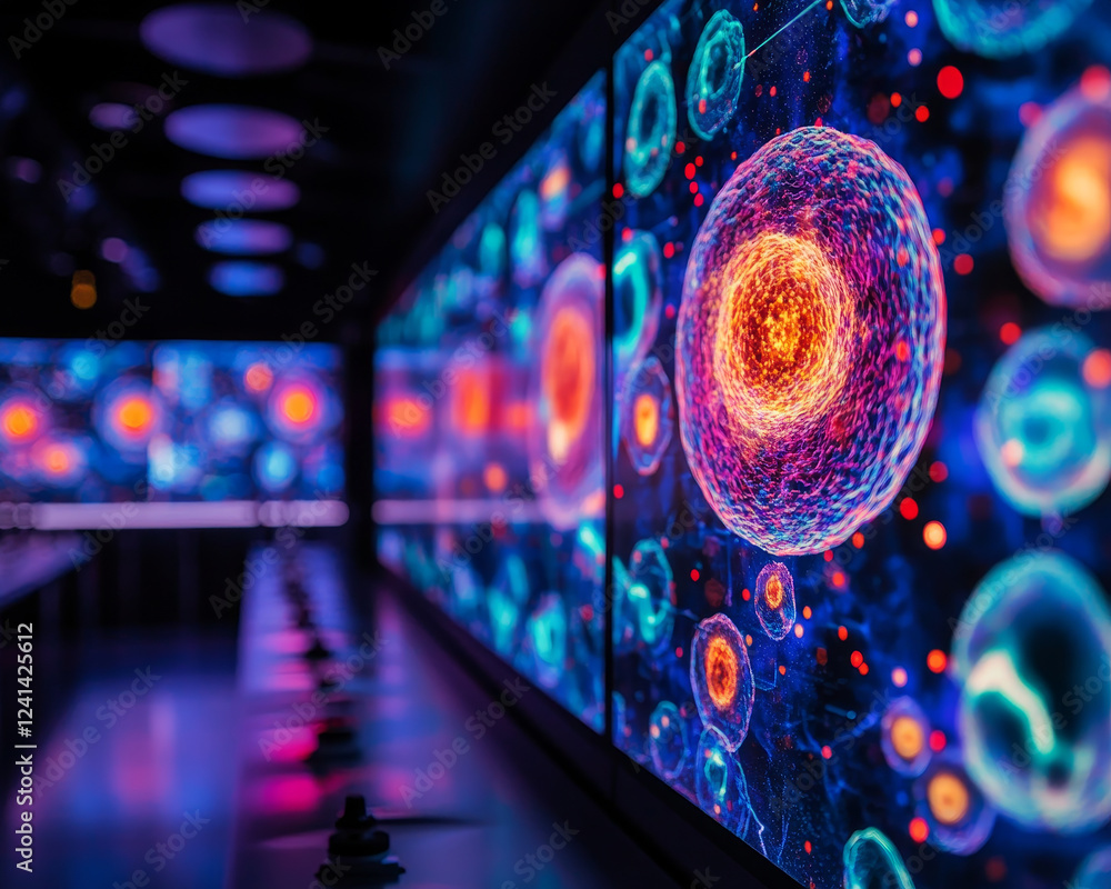 Poster abstract glowing cells projected over digital monitors create