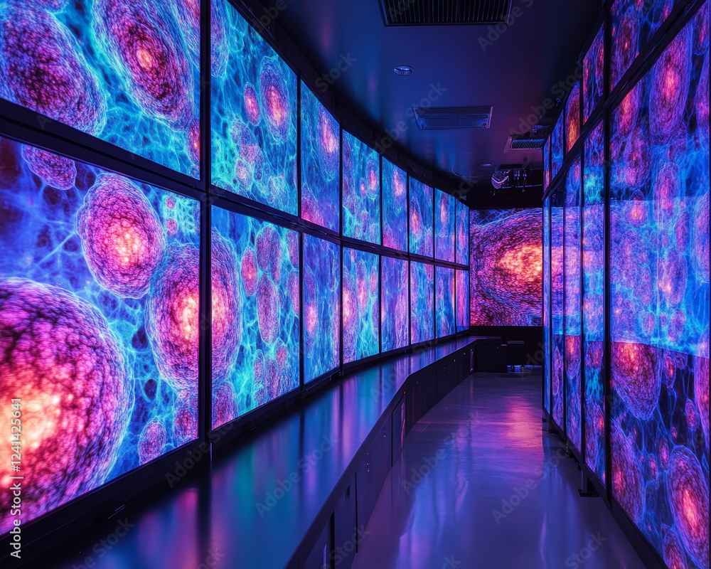 Poster abstract glowing cells projected over digital monitors create