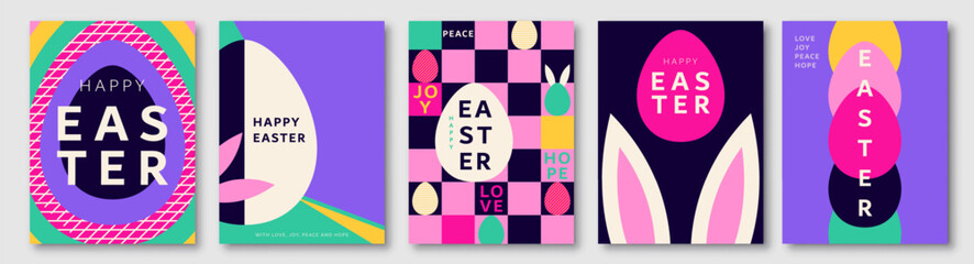 Happy Easter vector background set. Geometric cards, posters in modern minimal style with easter eggs and bunny ears. Creative color fun design for spring holiday