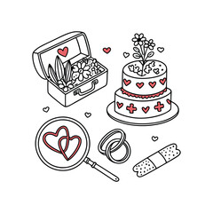 Valentine's Day Doodle Det, Wedding Rings and Heart-Shaped Cake
