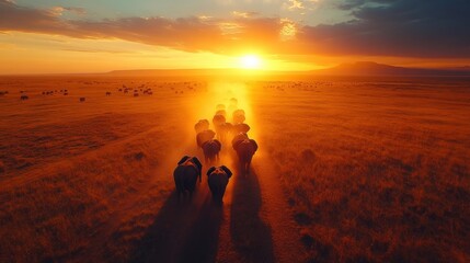 Fototapeta premium Elephants marching across african savanna at sunset