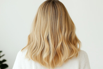 Naklejka premium Blonde caucasian woman with wavy hair from behind against white background