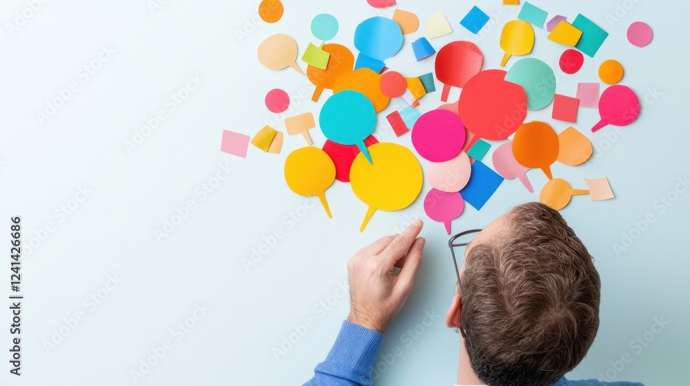 Poster creative concept of communication and ideas with colorful sticky notes and speech bubbles on light b