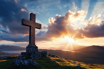 Illuminated celtic cross dramatic sky religious artwork scenic landscape elevated perspective traditional knot designs for seo impact