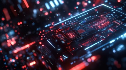 Obraz premium Quantum computer processing data on futuristic digital motherboard with red and blue glowing lights, representing innovative manufacturing and technological advancement in computer science