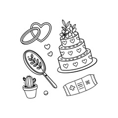 Valentine's Day Doodle Det, Wedding Rings and Heart-Shaped Cake
