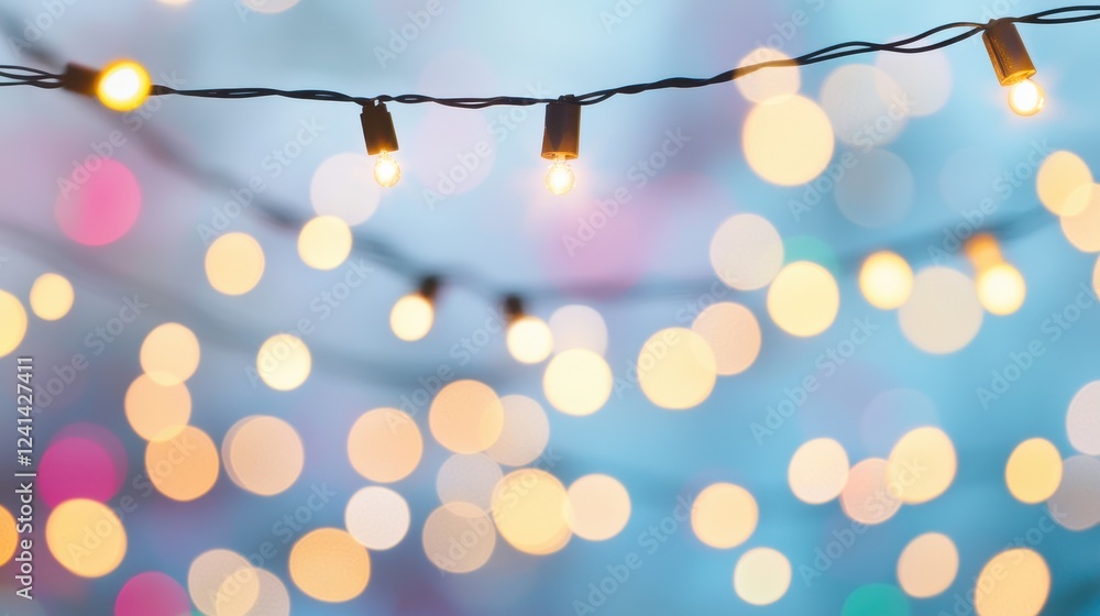 Aufkleber softly glowing string lights against a dreamy bokeh background in warm tones and whimsical atmospher