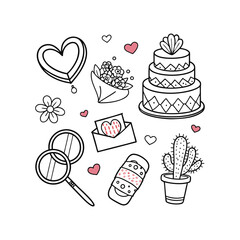 Valentine's Day Doodle Det, Wedding Rings and Heart-Shaped Cake
