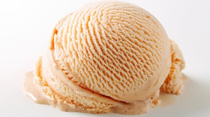 Peach ice cream scoop melting, white background, dessert