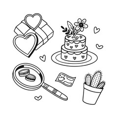 Valentine's Day Doodle Det, Wedding Rings and Heart-Shaped Cake

