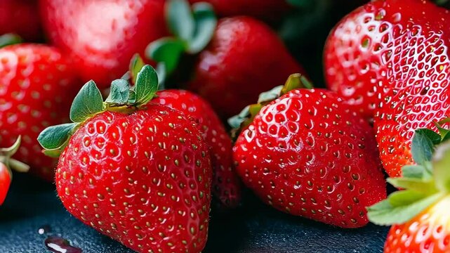 Fresh strawberries glide in succulent closeup with vibrant red hues and textured details