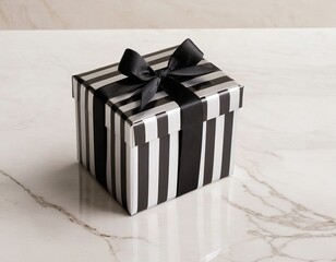 Stylish black and white striped gift box with a ribbon, perfect for any celebration.