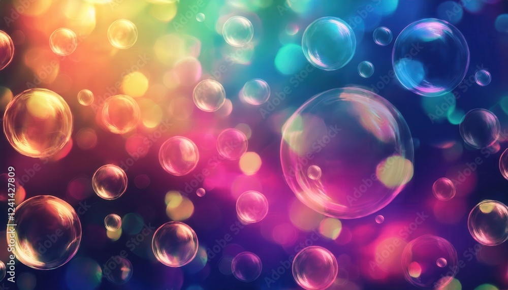 Poster colorful glowing bubbles floating in abstract rainbow gradient background with soft blurred lights