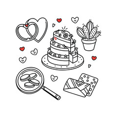 Valentine's Day Doodle Det, Wedding Rings and Heart-Shaped Cake

