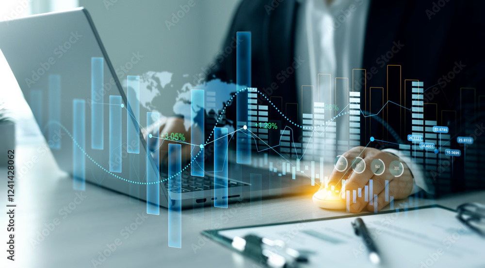 Aufkleber businessman draw finance growth and graph chart diagram and analysing sale data.analysis finance gro