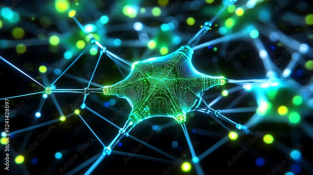 Poster a close-up of a glowing digital circuit board with intricate lines and connections illuminated in ne