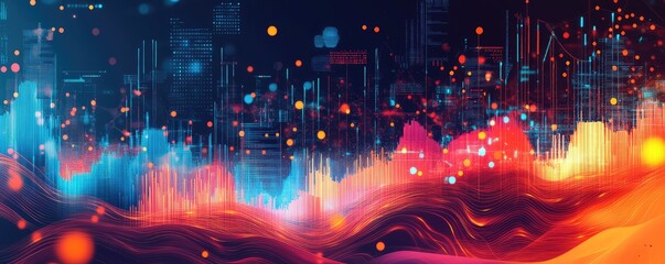 Vibrant Digital Cityscape with Flowing Data Streams.