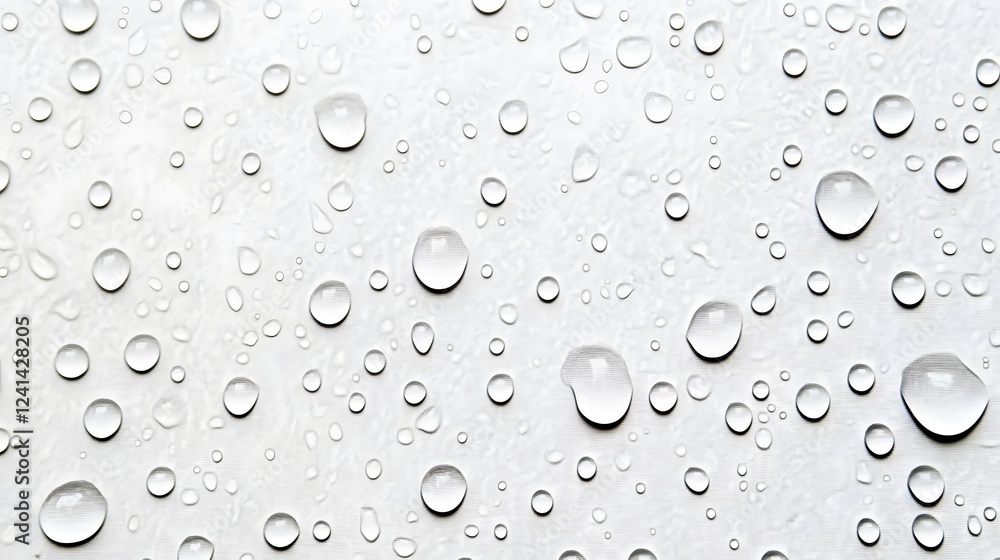 Poster Captivating close up of isolated water drops on a crisp white background highlighting the natural beauty and simplicity of this natural element  The transparent droplets create a stunning