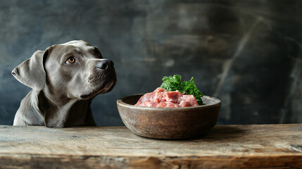 Gray dog looking at raw meat with greens in a wooden bowl on rustic table, natural pet nutrition concept.