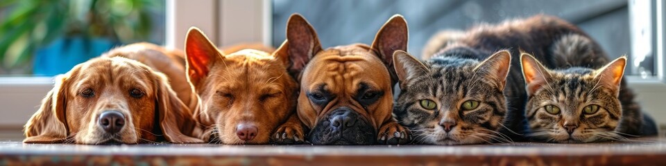 Obraz premium Adorable Group of Dogs and Cats Resting Together