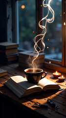 "Steaming Cup of Coffee on Rustic Wooden Table in Cozy Sunlit Library"
