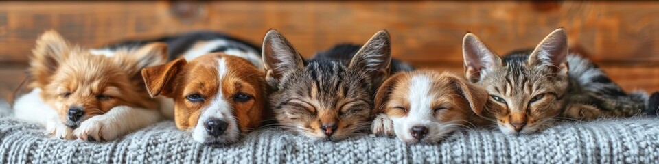 Adorable Sleeping Pets: A heartwarming scene of puppies and kittens peacefully napping together on a cozy blanket.