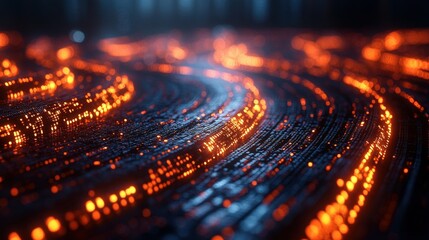 Abstract representation of glowing data streams flowing through a dark, futuristic environment