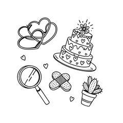 Valentine's Day Doodle Det, Wedding Rings and Heart-Shaped Cake
