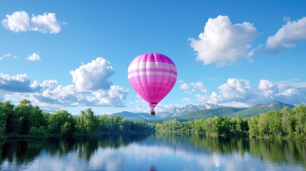 Obraz premium Pink hot air balloon over lake, mountains. Travel, adventure stock photo