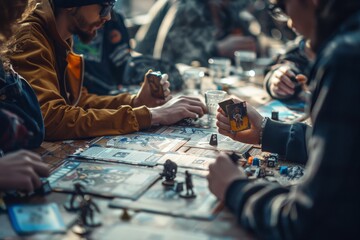 group of players immersed in a role-playing game surrounded by maps, miniatures, and character sheets. Selective focus.
