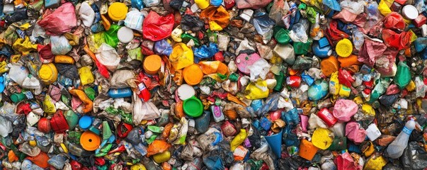Colorful plastic waste pile, recycling center, environmental pollution